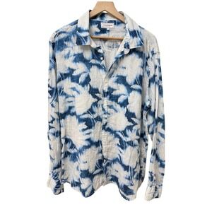 Europann‎ Blue and White Floral Tie-Dye Men's Shirt sz 5 Linen Vacation Resort